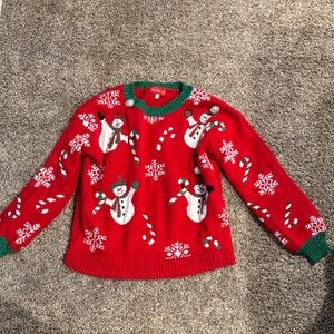 Festive Red Sweater with Snowmen and Candy Canes